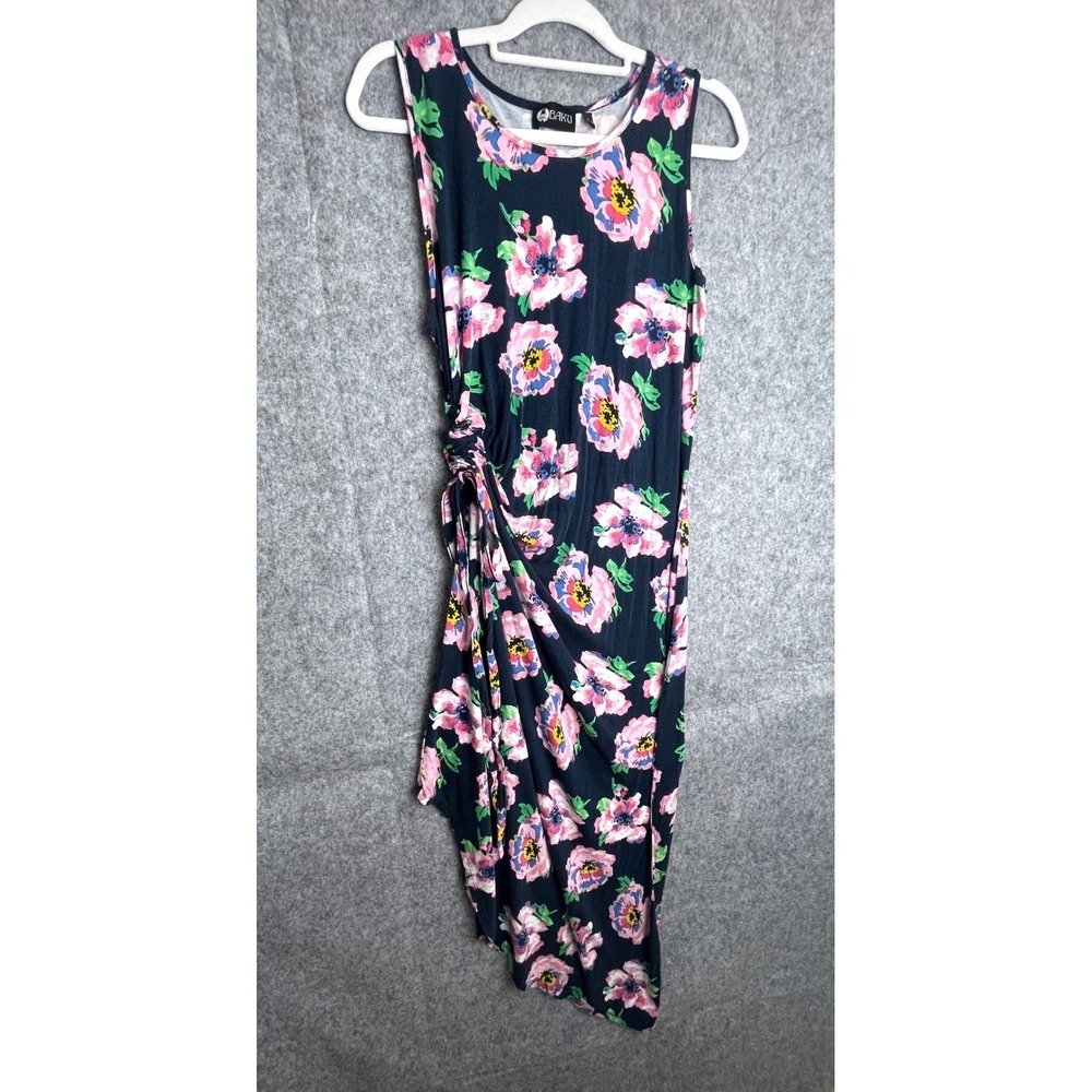 BAKU Floral Print Sleeveless Dress Cinched Side Asymmetrical‎ Hem Casual L